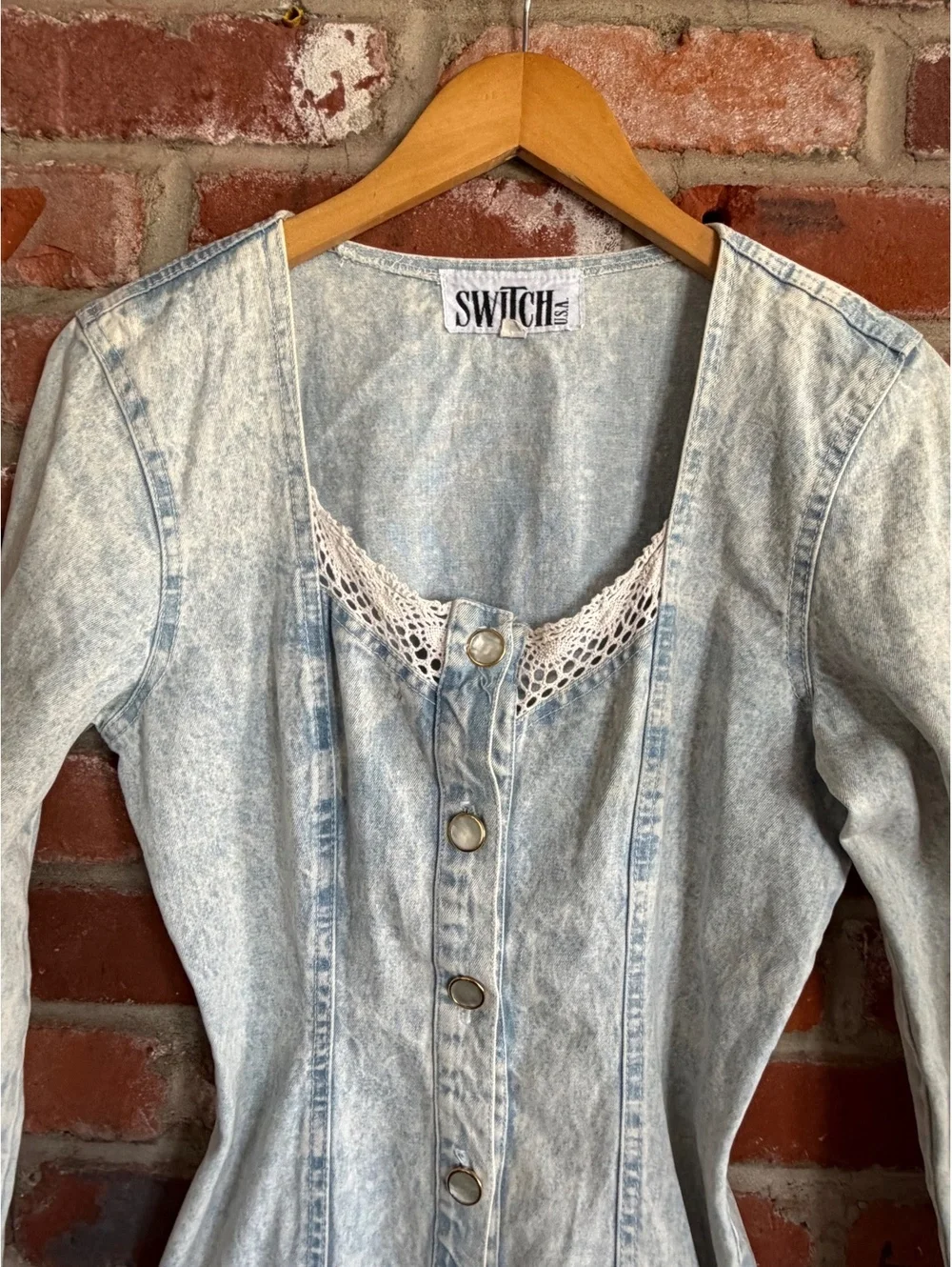 Vintage Acid Wash Denim Button-Front Dress with Lace Trim - Picture 6 of 6